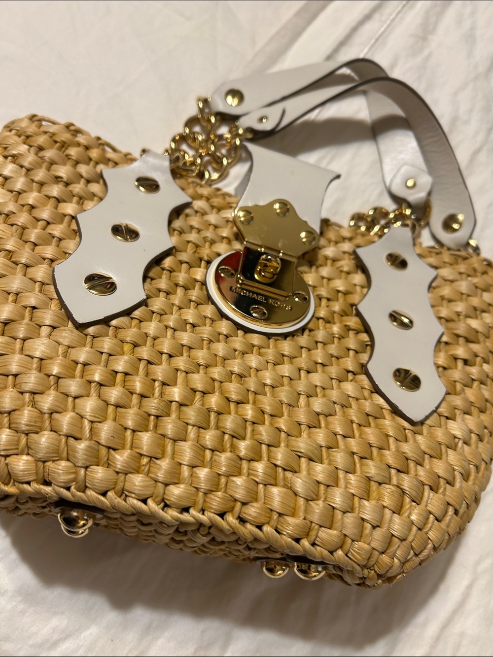 Michael Kors Tan Woven Straw Tote with Gold Hardware and Cream Trim - Picture 13 of 15
